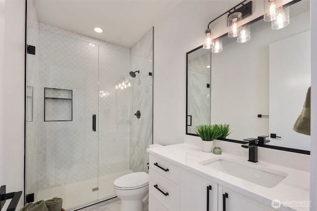 1002 N 31st St, Renton, WA 98056 - full bath with vanity, toilet, a shower stall, and recessed lighting