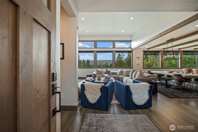 1450 Creekside Rd, Cle Elum, WA 98922 - living area featuring recessed lighting, wood finished floors, a chandelier, and baseboards