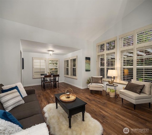 14566 86th Pl NE, Kenmore, WA 98028 - living area featuring wood finished floors, baseboards, and high vaulted ceiling