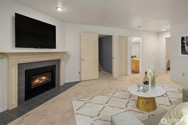 14566 86th Pl NE, Kenmore, WA 98028 - living area with carpet floors, a fireplace, baseboards, and recessed lighting