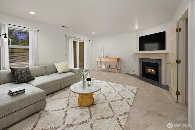 14566 86th Pl NE, Kenmore, WA 98028 - living area featuring carpet, a tile fireplace, and recessed lighting