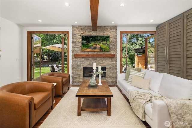 5619 89th Ave SE, Mercer Island, WA 98040 - living room with a fireplace, healthy amount of natural light, recessed lighting, wood finished floors, and beamed ceiling