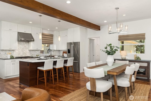 5619 89th Ave SE, Mercer Island, WA 98040 - dining area featuring dark wood-style flooring, beamed ceiling, recessed lighting, and a chandelier