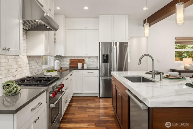 5619 89th Ave SE, Mercer Island, WA 98040 - kitchen featuring appliances with stainless steel finishes, under cabinet range hood, a sink, dark wood-type flooring, and decorative backsplash