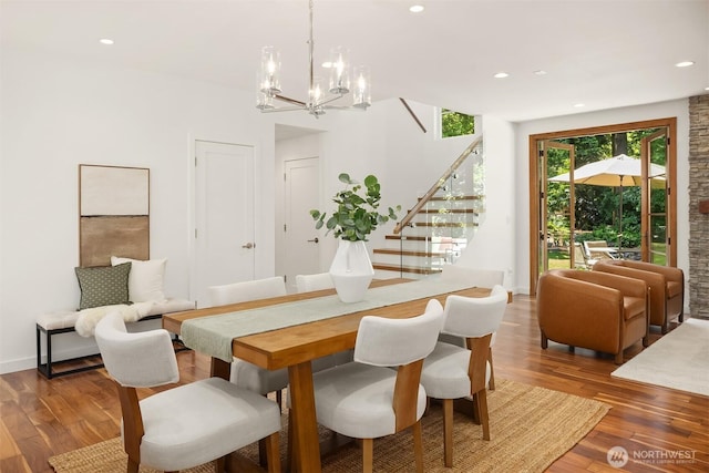 5619 89th Ave SE, Mercer Island, WA 98040 - dining room featuring stairway, a chandelier, wood finished floors, and recessed lighting