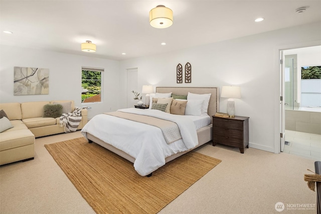 5619 89th Ave SE, Mercer Island, WA 98040 - bedroom featuring light colored carpet, recessed lighting, connected bathroom, and baseboards