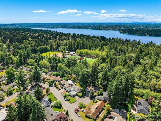 5619 89th Ave SE, Mercer Island, WA 98040 - aerial view of residential area featuring a heavily wooded area and a nearby body of water