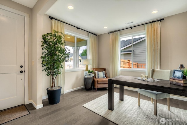 20320 150th St E, Bonney Lake, WA 98391 - home office featuring baseboards, wood finished floors, and recessed lighting