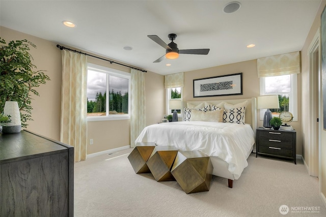 20320 150th St E, Bonney Lake, WA 98391 - bedroom with baseboards, light colored carpet, recessed lighting, and ceiling fan