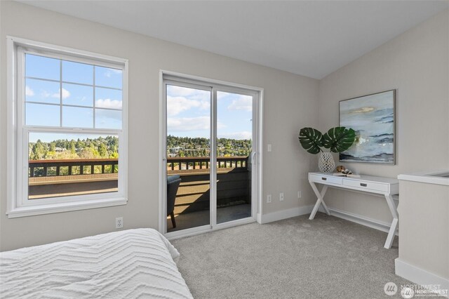 31 Etruria St Unit B, Seattle, WA 98109 - carpeted bedroom featuring access to outside, multiple windows, lofted ceiling, and baseboards