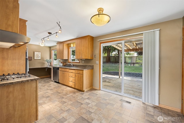 29922 5th Ave SW, Federal Way, WA 98023 - kitchen featuring stone tile floors, a sink, dark countertops, stainless steel dishwasher, and under cabinet range hood
