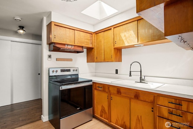 924 1st St, Sultan, WA 98294 - kitchen featuring electric range, premium range hood, a sink, a skylight, and light countertops