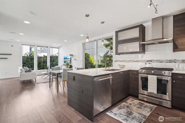 917 29th Ave S, Seattle, WA 98144 - kitchen with stainless steel appliances, wall chimney range hood, dark brown cabinetry, modern cabinets, and a peninsula