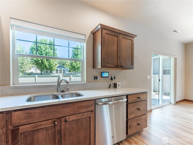 2452 NW Columbia Ave Unit 25, East Wenatchee, WA 98802 - kitchen with dishwasher, a sink, light wood finished floors, light stone counters, and brown cabinets