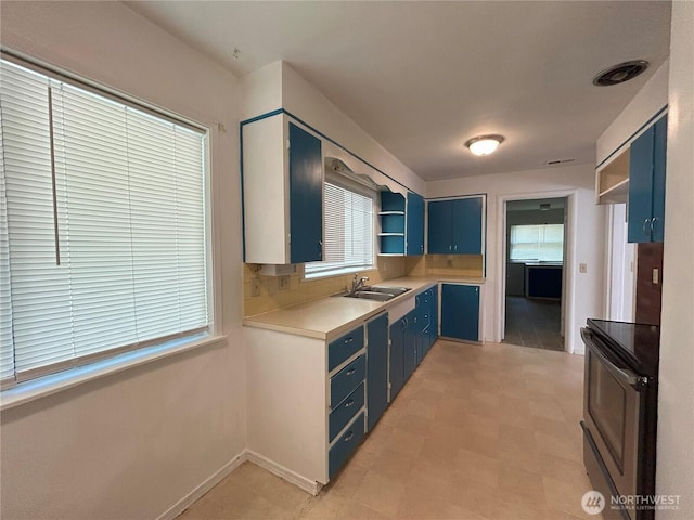 425 Henry St, Shelton, WA 98584 - kitchen featuring blue cabinetry, stainless steel electric stove, open shelves, light countertops, and a sink