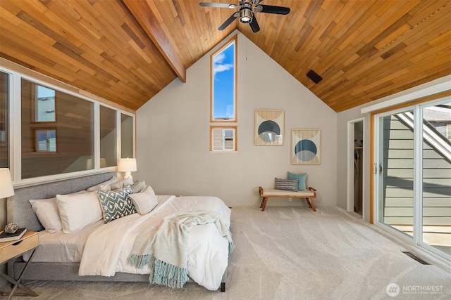 4142 52nd Ave SW, Seattle, WA 98116 - bedroom featuring wood ceiling, lofted ceiling, carpet, and ceiling fan
