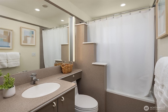 4142 52nd Ave SW, Seattle, WA 98116 - bathroom with vanity, recessed lighting, and a shower with curtain
