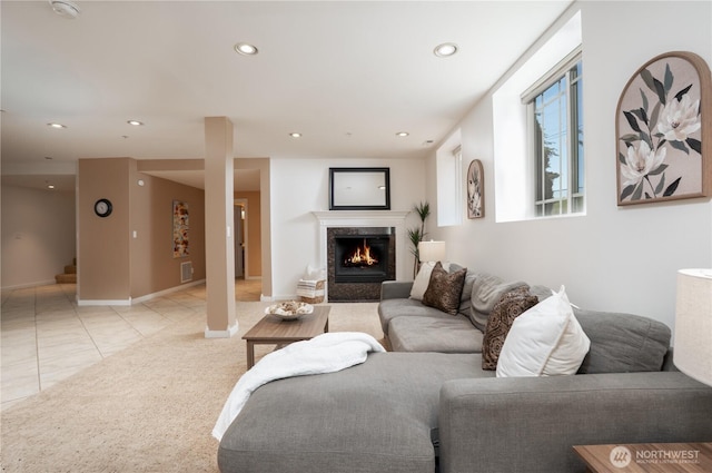 19678 Marine View Dr SW, Normandy Park, WA 98166 - living area featuring recessed lighting, a fireplace, light tile patterned floors, and baseboards