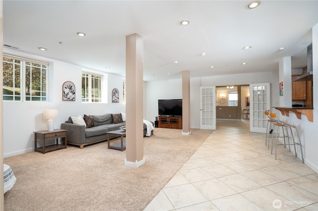 19678 Marine View Dr SW, Normandy Park, WA 98166 - living room featuring light colored carpet, recessed lighting, french doors, light tile patterned floors, and baseboards