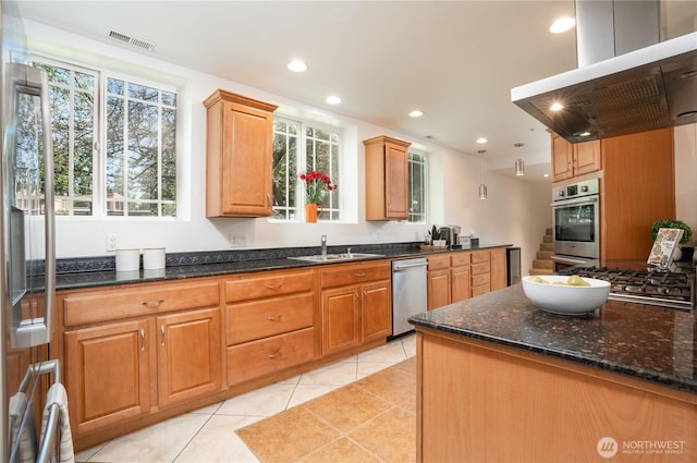 19678 Marine View Dr SW, Normandy Park, WA 98166 - kitchen featuring appliances with stainless steel finishes, wall chimney range hood, a sink, plenty of natural light, and recessed lighting