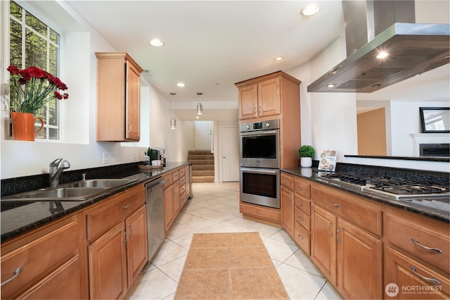 19678 Marine View Dr SW, Normandy Park, WA 98166 - kitchen with wall chimney exhaust hood, a sink, stainless steel appliances, dark stone countertops, and recessed lighting