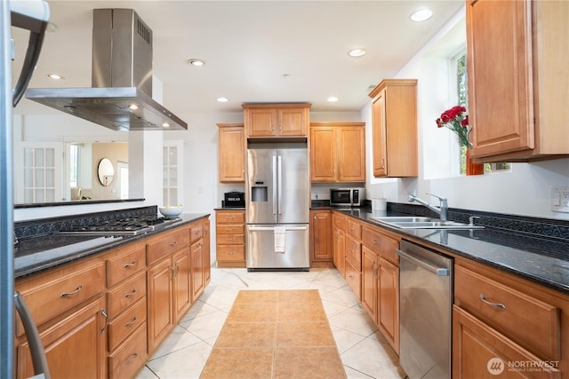 19678 Marine View Dr SW, Normandy Park, WA 98166 - kitchen featuring stainless steel appliances, island range hood, a sink, recessed lighting, and light tile patterned flooring