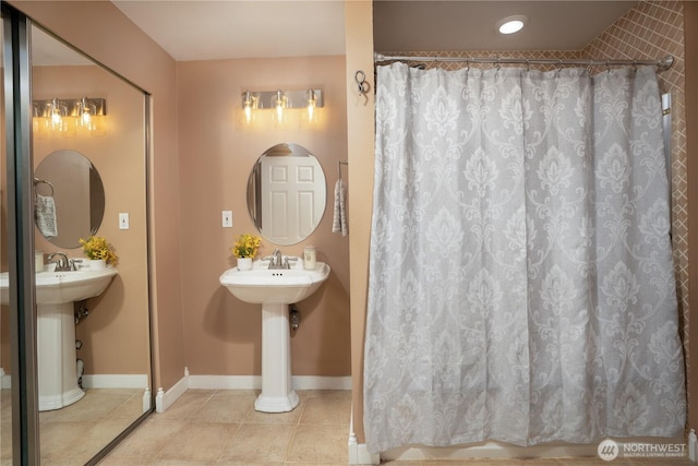 19678 Marine View Dr SW, Normandy Park, WA 98166 - bathroom with tile patterned floors, a shower with shower curtain, and baseboards