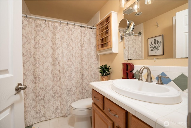 19678 Marine View Dr SW, Normandy Park, WA 98166 - bathroom featuring vanity, toilet, tile patterned floors, and a shower with curtain