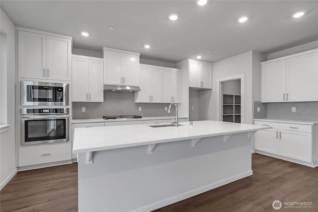 2609 S 7th Way, Ridgefield, WA 98642 - kitchen featuring appliances with stainless steel finishes, a sink, under cabinet range hood, decorative backsplash, and dark wood-type flooring