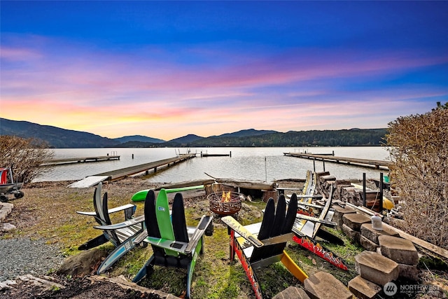 2659 Northshore Rd, Bellingham, WA 98226 - view of yard featuring a fire pit, a dock, and a water and mountain view
