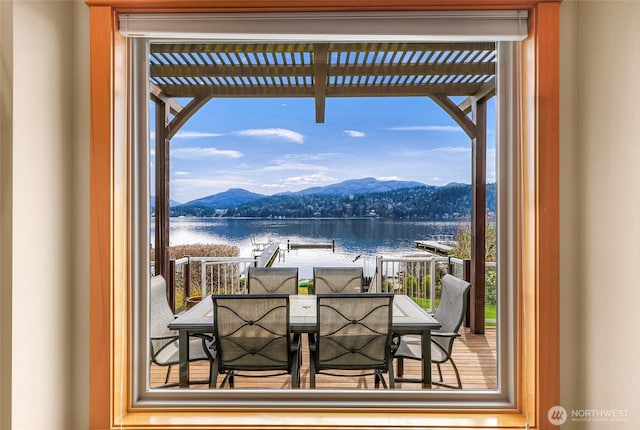 2659 Northshore Rd, Bellingham, WA 98226 - balcony with a water and mountain view, a pergola, and outdoor dining space