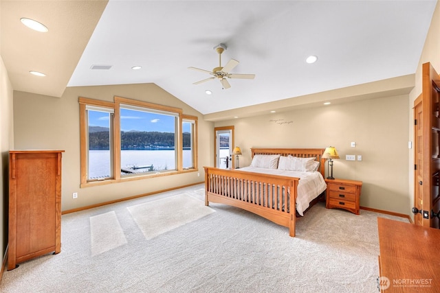 2659 Northshore Rd, Bellingham, WA 98226 - bedroom featuring lofted ceiling, light carpet, baseboards, recessed lighting, and ceiling fan
