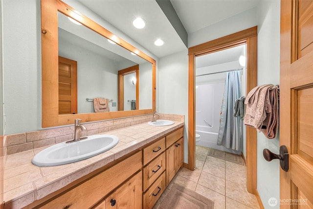 2659 Northshore Rd, Bellingham, WA 98226 - full bath with toilet, double vanity, shower / bath combination with curtain, recessed lighting, and tile patterned flooring