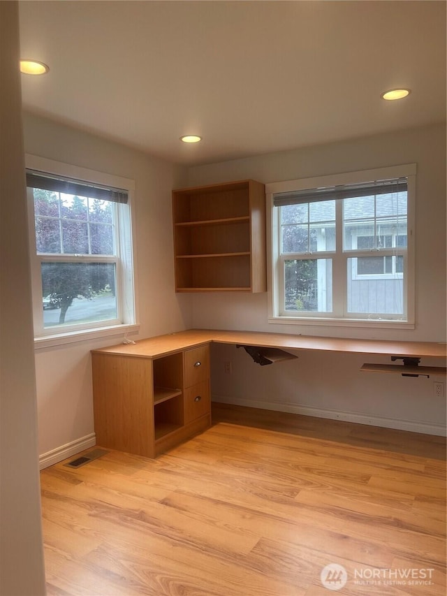 528 Chinook Way, Friday Harbor, WA 98250 - unfurnished office with plenty of natural light, light wood-type flooring, recessed lighting, and built in study area