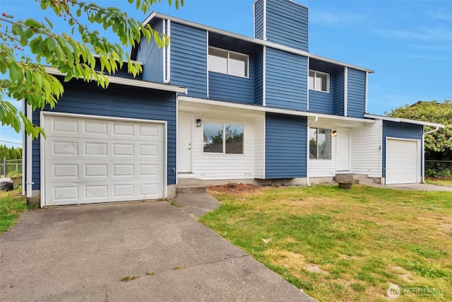 1702 C St SE, Auburn, WA 98002 - mid-century inspired home with concrete driveway, a chimney, a front yard, and an attached garage