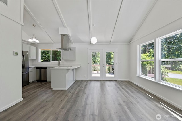 44251 Dalles Rd, Concrete, WA 98237 - kitchen with appliances with stainless steel finishes, island range hood, french doors, light countertops, and a peninsula