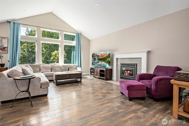 1566 Deer Ridge Rd, Oak Harbor, WA 98277 - living room featuring hardwood / wood-style flooring, a fireplace, and high vaulted ceiling