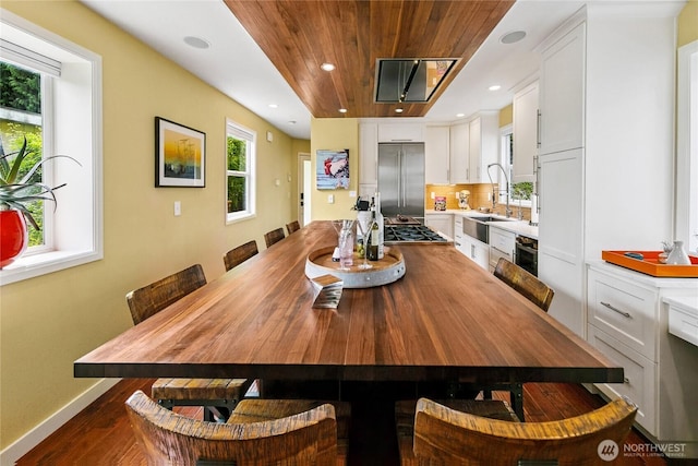 444 26th Ave E, Seattle, WA 98112 - dining room with recessed lighting, wood ceiling, dark wood-style floors, and beverage cooler