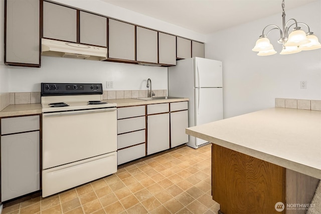 11012 NE 68th St Unit 511, Kirkland, WA 98033 - kitchen with white appliances, under cabinet range hood, light countertops, and a chandelier