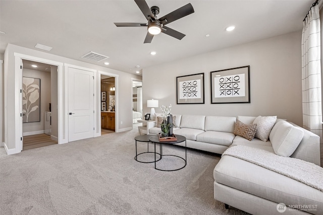 13912 181st St E Unit 62, Puyallup, WA 98374 - living room featuring a ceiling fan, carpet, recessed lighting, and baseboards