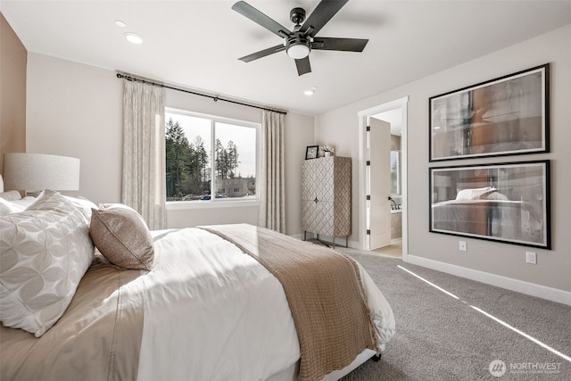 13912 181st St E Unit 62, Puyallup, WA 98374 - carpeted bedroom with baseboards, recessed lighting, ensuite bath, and a ceiling fan