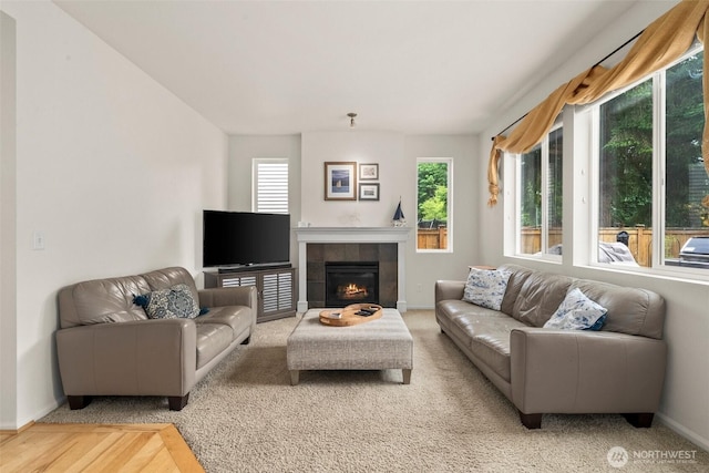 1082 G St SW, Tumwater, WA 98512 - living room featuring baseboards, carpet, and a tile fireplace