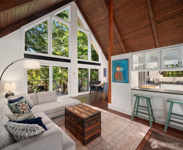 27603 145th Ave SW, Vashon, WA 98070 - living room with wooden ceiling with exposed beams, high vaulted ceiling, wood finished floors, and baseboards
