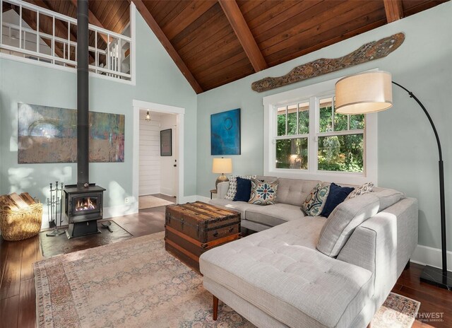 27603 145th Ave SW, Vashon, WA 98070 - living room with wooden ceiling with exposed beams, baseboards, wood-type flooring, a wood stove, and high vaulted ceiling