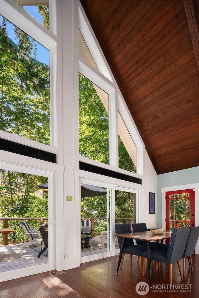 27603 145th Ave SW, Vashon, WA 98070 - dining space featuring high vaulted ceiling, wood finished floors, and wood ceiling