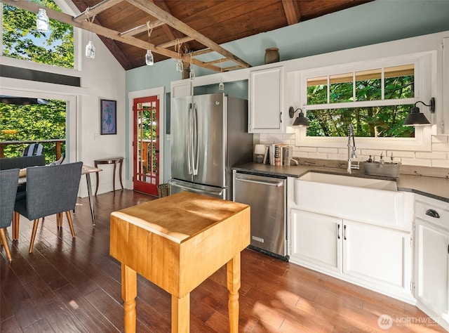 27603 145th Ave SW, Vashon, WA 98070 - kitchen with stainless steel appliances, wooden ceiling with exposed beams, plenty of natural light, tasteful backsplash, and a sink