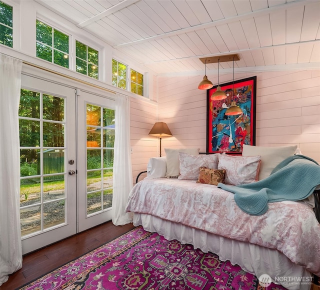 27603 145th Ave SW, Vashon, WA 98070 - bedroom with french doors, access to outside, wood ceiling, wood finished floors, and wood walls
