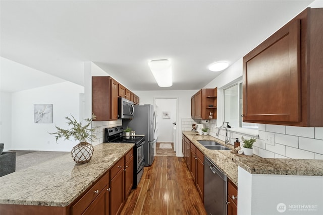 35639 12th Ave SW, Federal Way, WA 98023 - kitchen with stainless steel appliances, a sink, dark wood-style flooring, open shelves, and backsplash