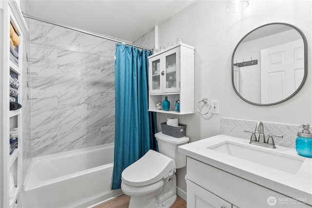 3628S Sheridan Ave, Tacoma, WA 98418 - full bathroom featuring shower / bathtub combination with curtain, vanity, toilet, and backsplash