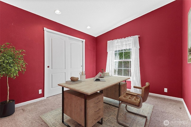 1933 Windflower Ln SE, Lacey, WA 98503 - office area featuring carpet floors, vaulted ceiling, baseboards, and recessed lighting